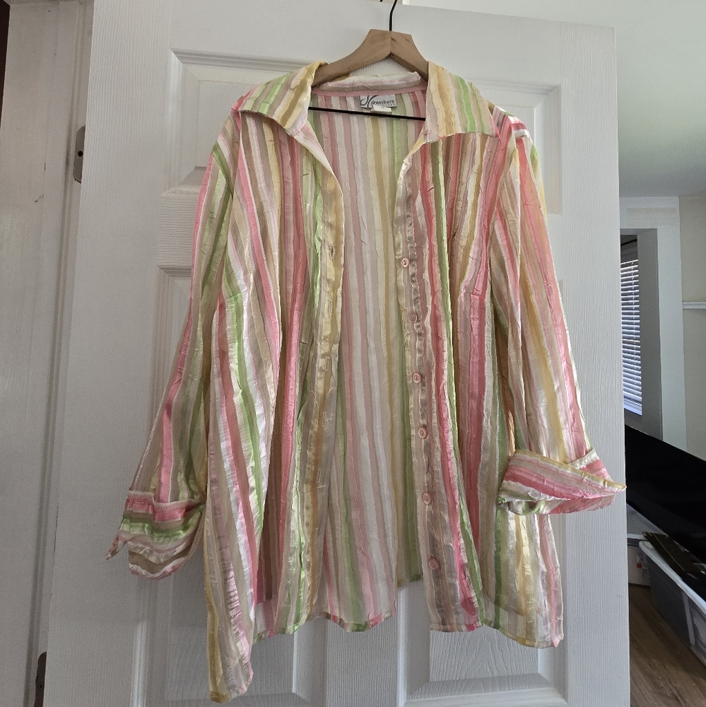 Dressbarn Sheer Pastel Striped Button-Up | 2X Plus | Colorful Layering Top